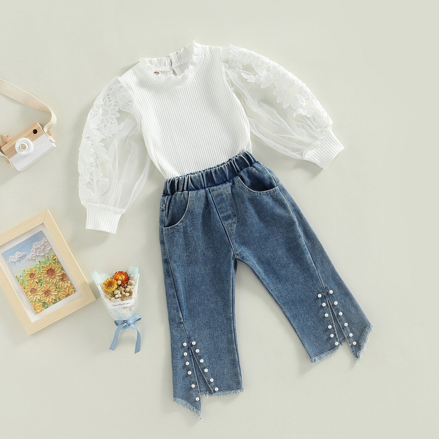 Conjunto de 2 piezas de pantalones vaqueros de manga larga con aberturas florales y cuentas, atuendo de otoño