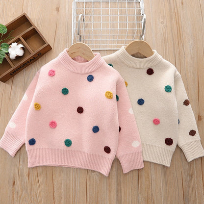 Suéteres para bebés, niñas y niños, abrigos de moda con apliques de bola de pelo, suéteres tejidos para niños, tops, suéteres cálidos para bebés, niños y niñas