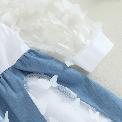 Vestido transparente de manga larga con solapa y estampado de mariposas