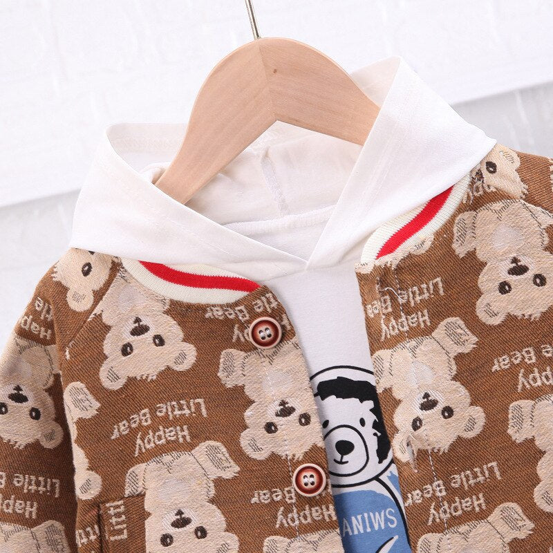Conjunto de 3 piezas de chándal con estampado de oso, cárdigan, abrigo, sudadera con capucha y pantalones.