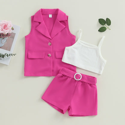Conjunto de 3 piezas de verano: blazer, camiseta de tirantes y pantalones cortos con cinturón (tallas 2-7)