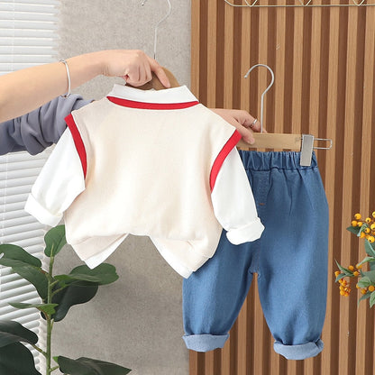 Conjunto de ropa de 3 piezas con chaleco de punto de oso de dibujos animados de algodón