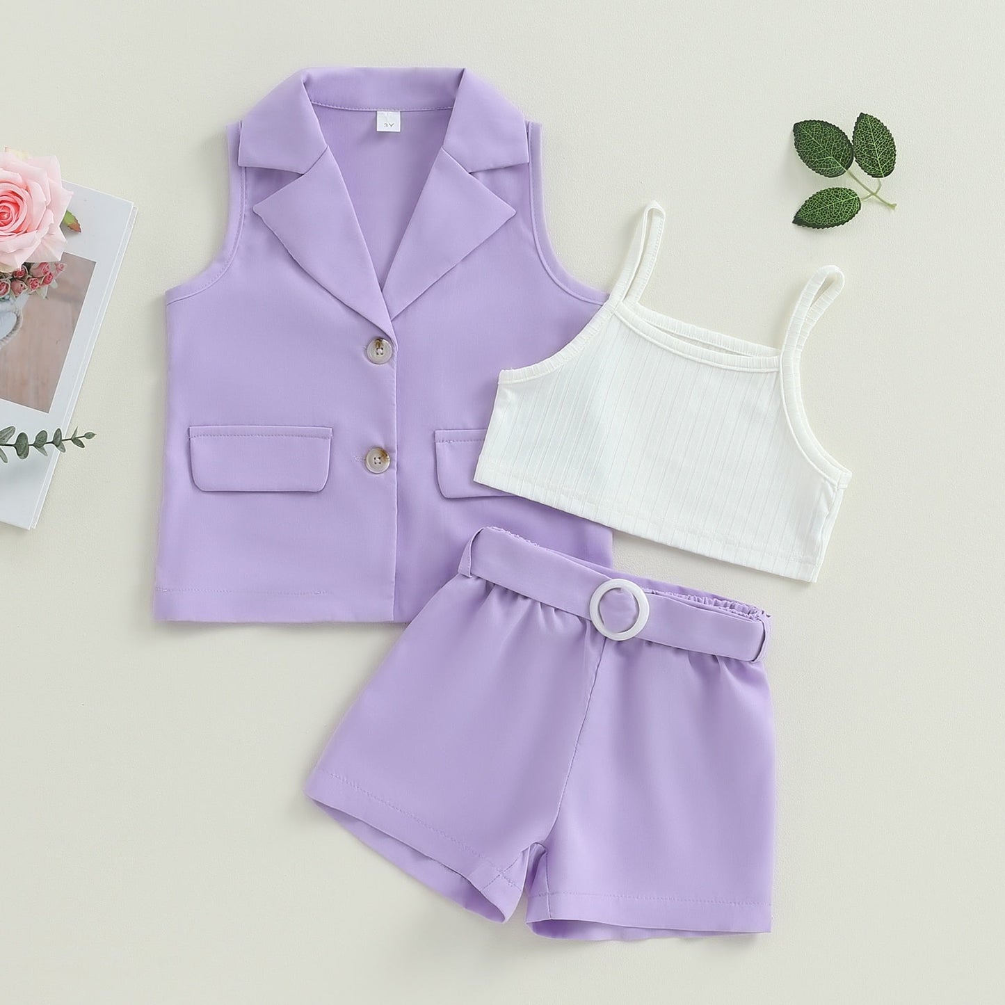 Conjunto de 3 piezas de verano: blazer, camiseta de tirantes y pantalones cortos con cinturón (tallas 2-7)
