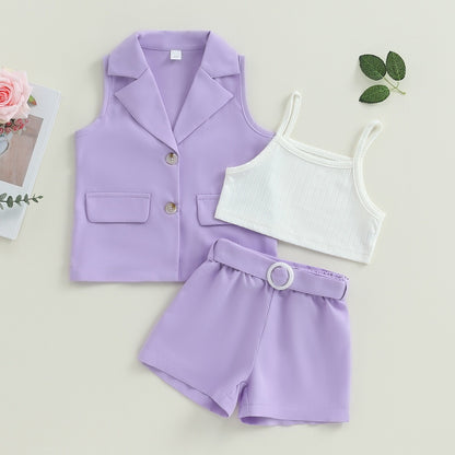 Conjunto de 3 piezas de verano: blazer, camiseta de tirantes y pantalones cortos con cinturón (tallas 2-7)