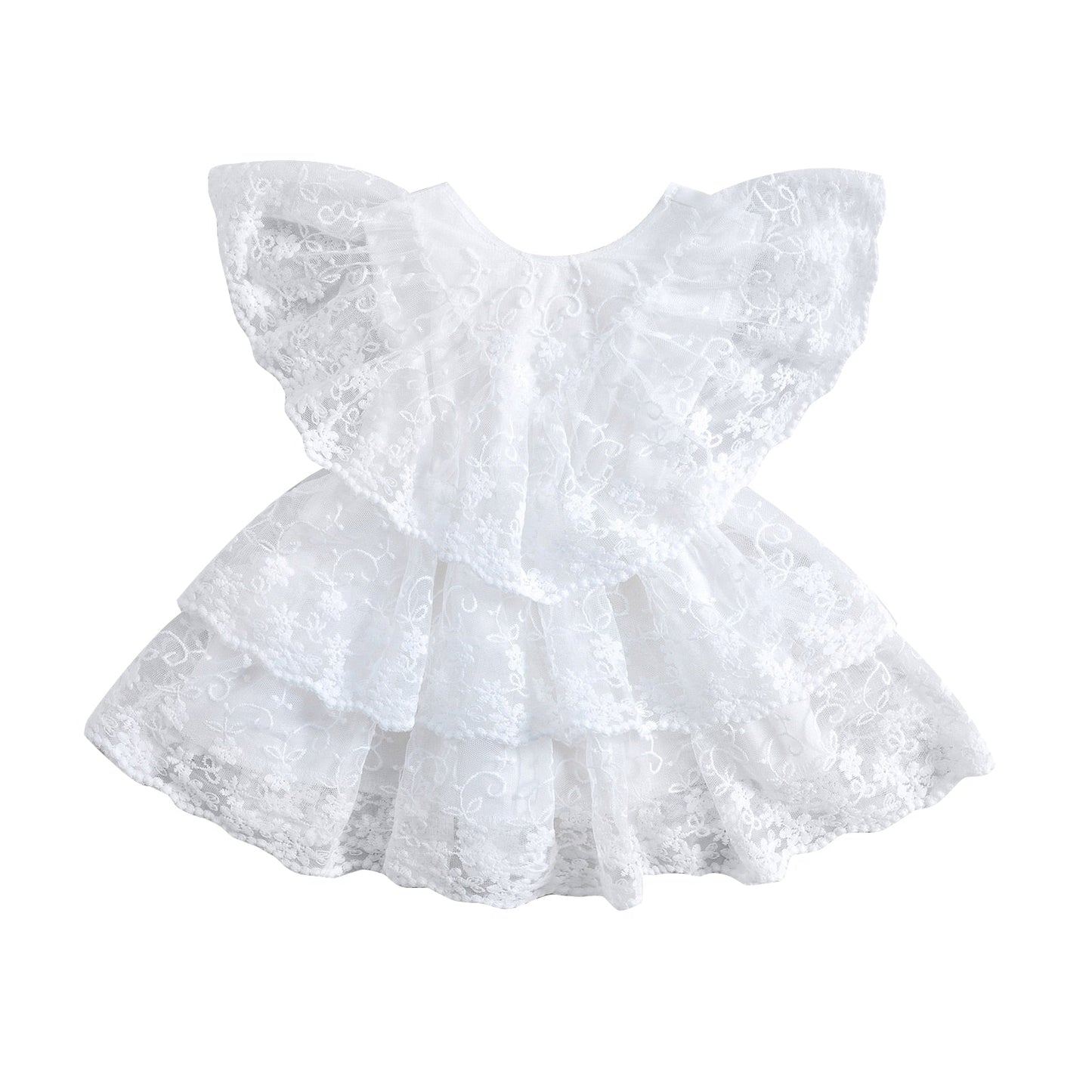 Vestido informal con mangas voladoras, encaje floral y volantes escalonados