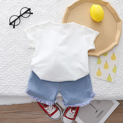 Conjunto de 2 piezas de ropa con camisetas de manga corta con letras y flores en 3D