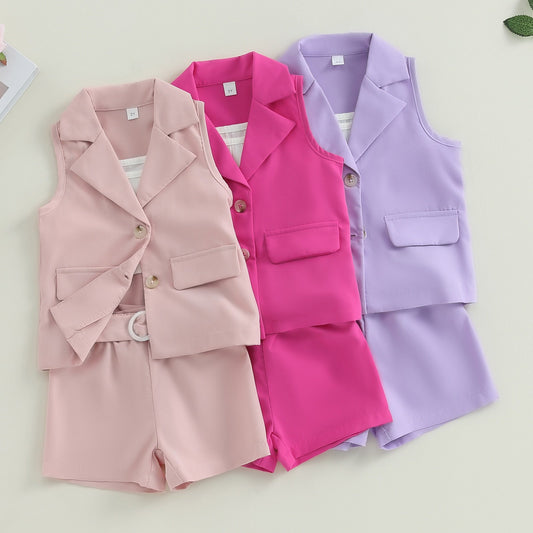Conjunto de 3 piezas de verano: blazer, camiseta de tirantes y pantalones cortos con cinturón (tallas 2-7)