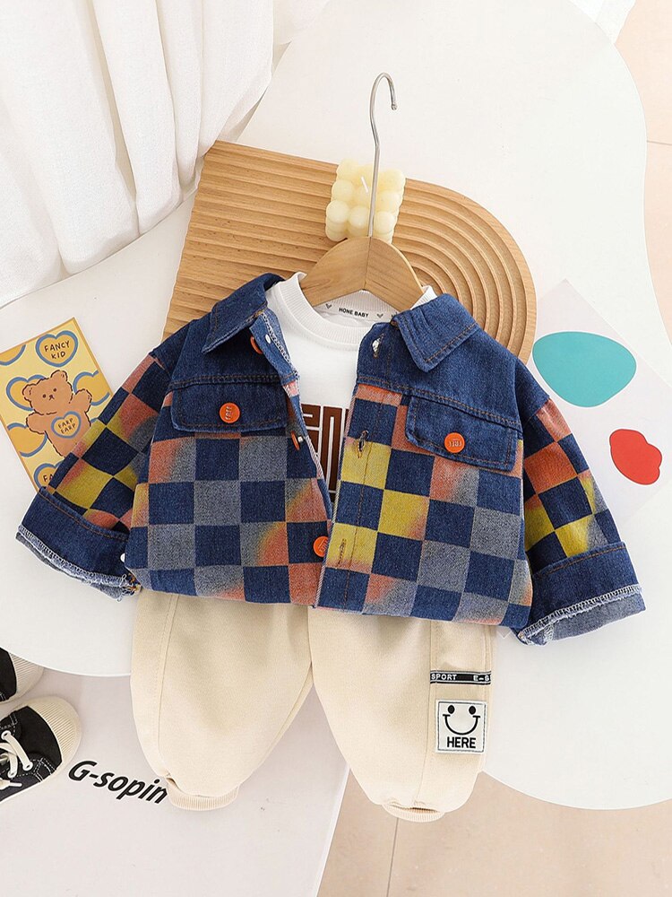 Conjunto de 3 piezas de ropa, chaqueta vaquera a cuadros, sudadera de manga larga y pantalón deportivo