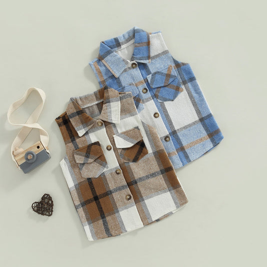 Blusa de ajedrez con capucha marrón y azul