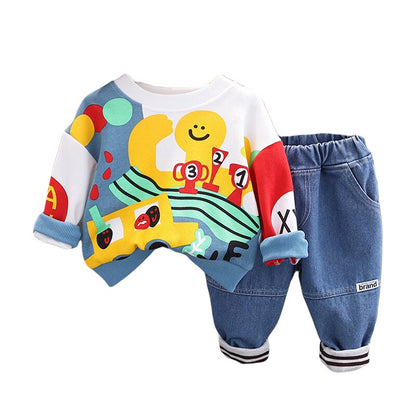 Conjunto de 2 piezas de sudadera y jeans lavados con diseño de pulpo para niños