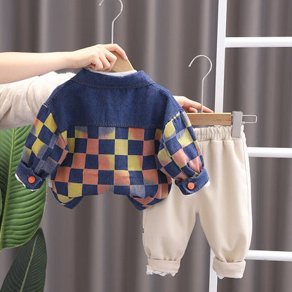 Conjunto de 3 piezas de ropa, chaqueta vaquera a cuadros, sudadera de manga larga y pantalón deportivo