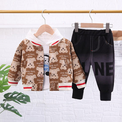 Conjunto de 3 piezas de chándal con estampado de oso, cárdigan, abrigo, sudadera con capucha y pantalones.