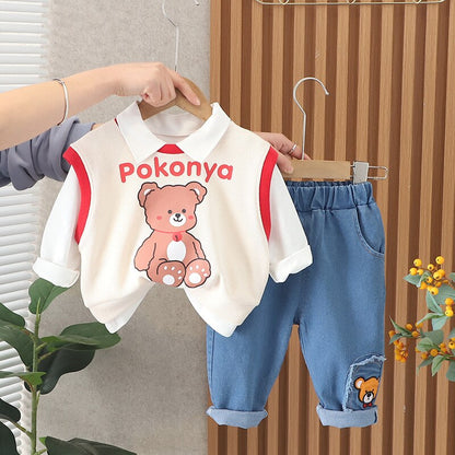 Conjunto de ropa de 3 piezas con chaleco de punto de oso de dibujos animados de algodón