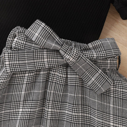 Conjunto de 2 piezas de blusa abullonada de manga corta + falda a cuadros con cinturón 