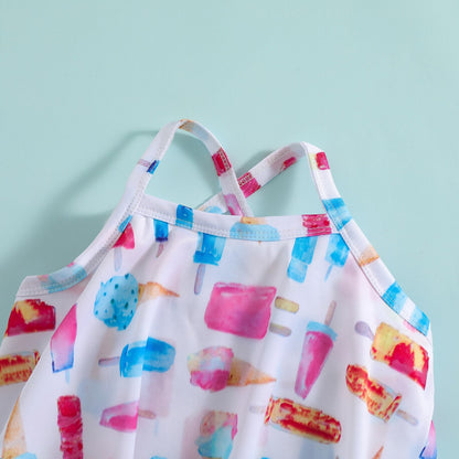 Traje de baño de 2 piezas para niñas, top corto sin mangas con estampado de helado y braguitas, color blanco
