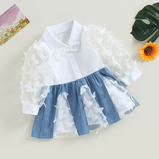 Vestido transparente de manga larga con solapa y estampado de mariposas