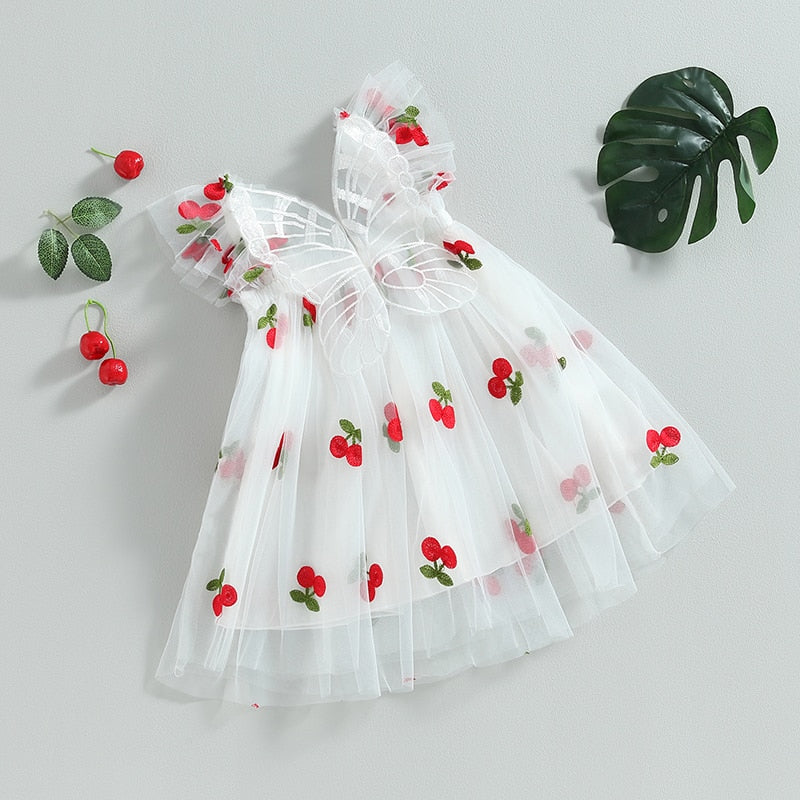 Vestido de tul con estampado de cerezas y mariposas para niña