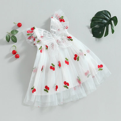 Vestido de tul con estampado de cerezas y mariposas para niña