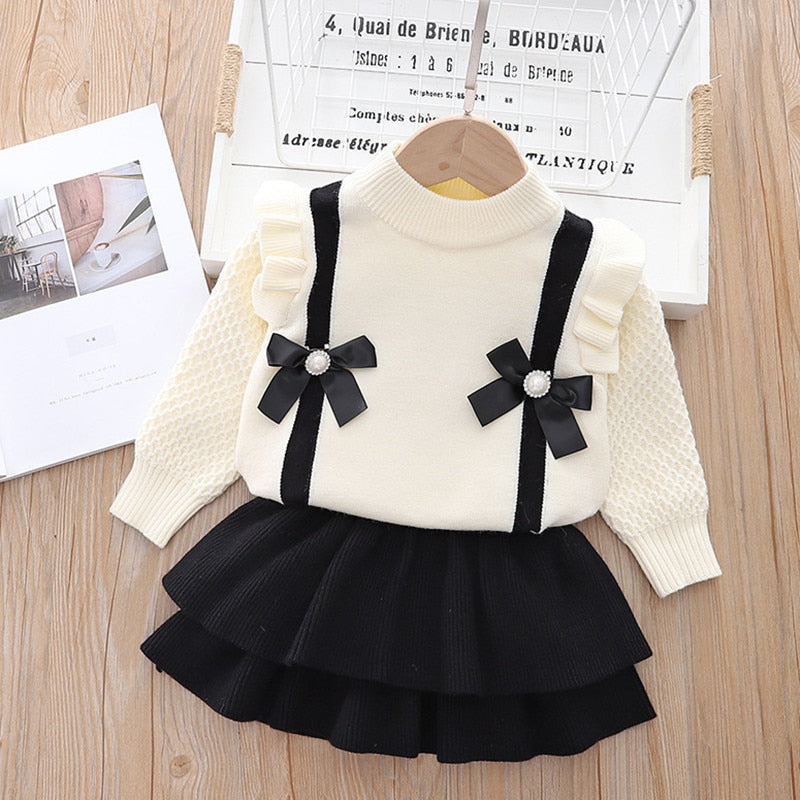 Conjunto de dos piezas de punto con suéter y falda plisada para niños 