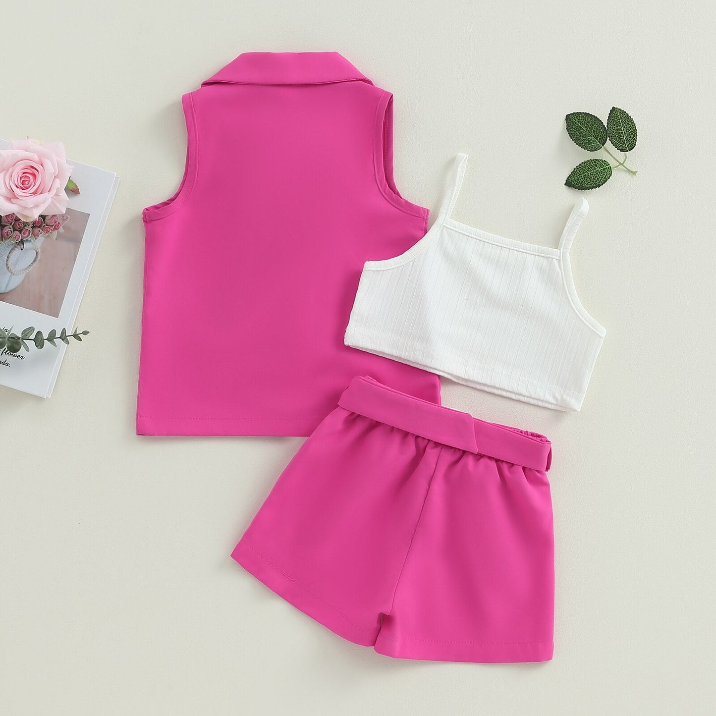 Conjunto de 3 piezas de verano: blazer, camiseta de tirantes y pantalones cortos con cinturón (tallas 2-7)