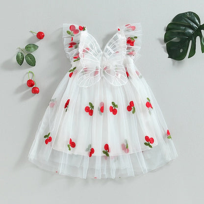 Vestido de tul con estampado de cerezas y mariposas para niña