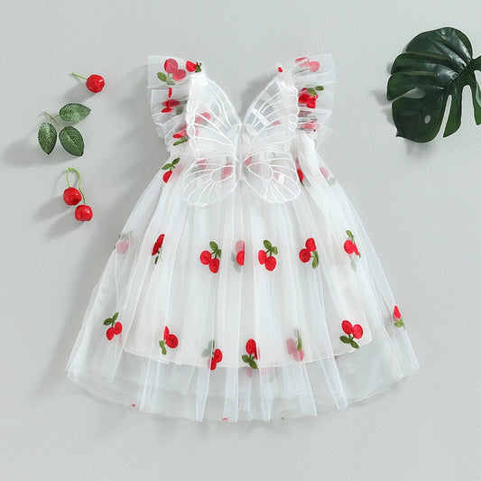 Vestido de tul con estampado de cerezas y mariposas para niña