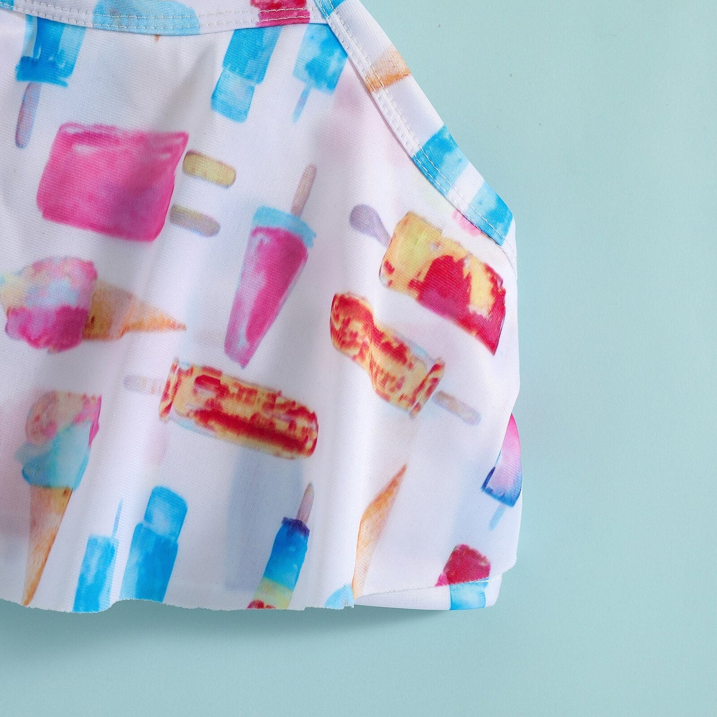 Traje de baño de 2 piezas para niñas, top corto sin mangas con estampado de helado y braguitas, color blanco