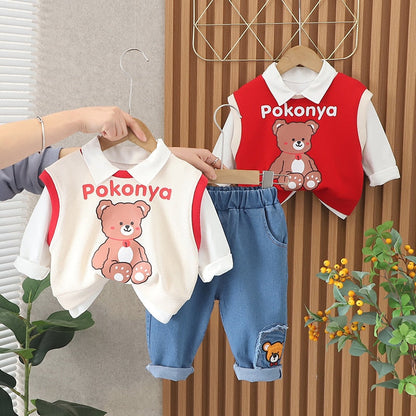 Conjunto de ropa de 3 piezas con chaleco de punto de oso de dibujos animados de algodón