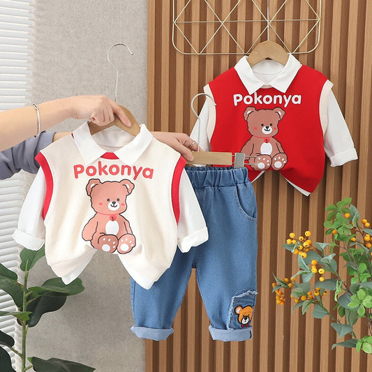 Conjunto de ropa de 3 piezas con chaleco de punto de oso de dibujos animados de algodón