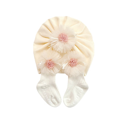 Conjunto de calcetines y gorro para bebé, calcetín corto de tubo acanalado con encaje floral y turbante para otoño, beige/rosa