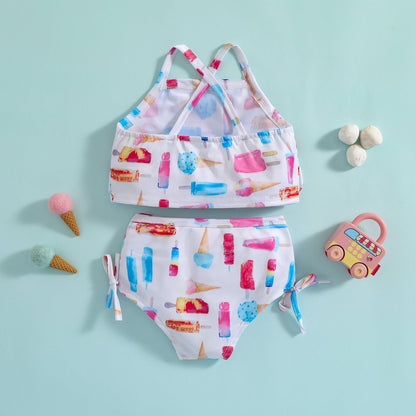 Traje de baño de 2 piezas para niñas, top corto sin mangas con estampado de helado y braguitas, color blanco