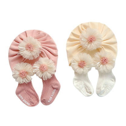 Conjunto de calcetines y gorro para bebé, calcetín corto de tubo acanalado con encaje floral y turbante para otoño, beige/rosa