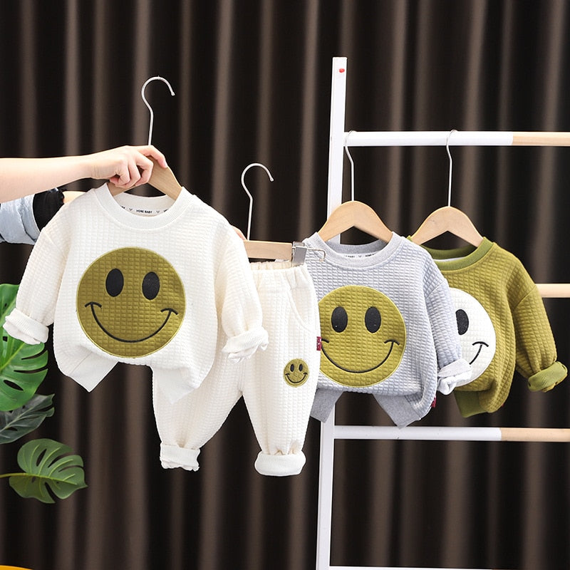 Conjunto de ropa de dos piezas para bebé con sudadera y pantalón deportivo con dibujos animados sonrientes