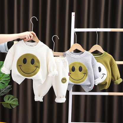 Conjunto de ropa de dos piezas para bebé con sudadera y pantalón deportivo con dibujos animados sonrientes