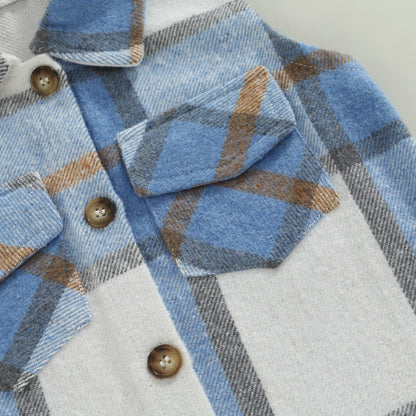 Blusa de ajedrez con capucha marrón y azul