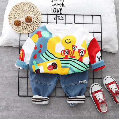 Conjunto de 2 piezas de sudadera y jeans lavados con diseño de pulpo para niños