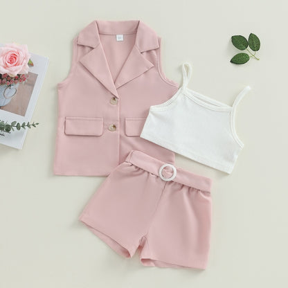 Conjunto de 3 piezas de verano: blazer, camiseta de tirantes y pantalones cortos con cinturón (tallas 2-7)