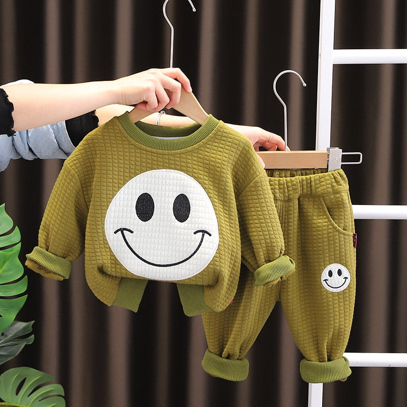 Conjunto de ropa de dos piezas para bebé con sudadera y pantalón deportivo con dibujos animados sonrientes