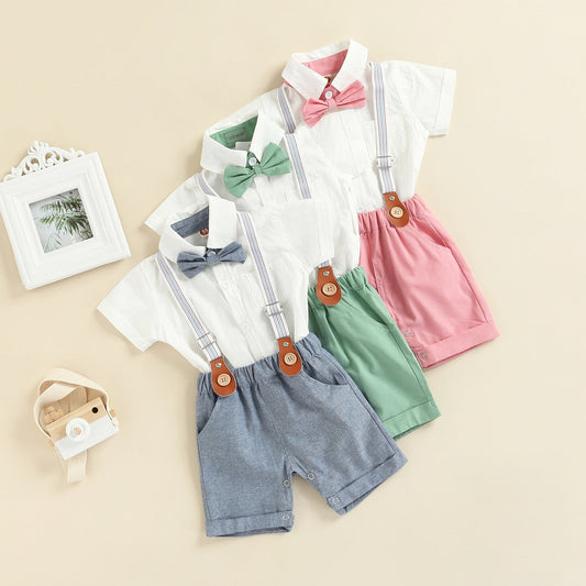 Conjunto de pantalones cortos con pajarita, camisa y mono 