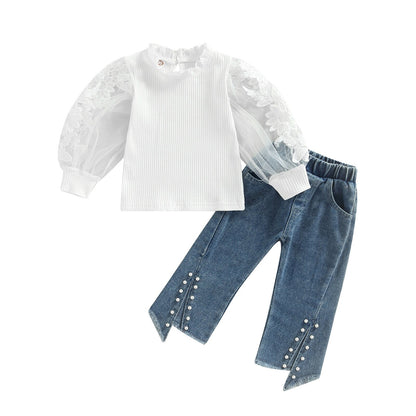 Conjunto de 2 piezas de pantalones vaqueros de manga larga con aberturas florales y cuentas, atuendo de otoño