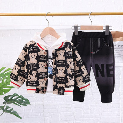 Conjunto de 3 piezas de chándal con estampado de oso, cárdigan, abrigo, sudadera con capucha y pantalones.