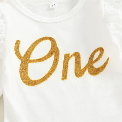 Conjunto de ropa para bebé niña, body de algodón con letras y manga larga para cumpleaños de primer año