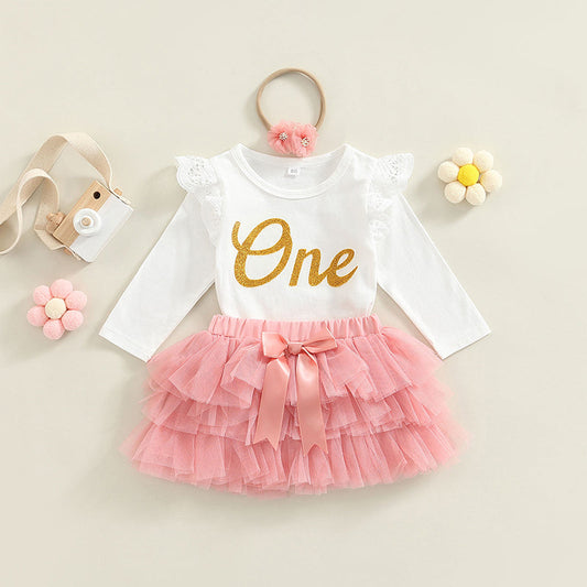 Conjunto de ropa para bebé niña, body de algodón con letras y manga larga para cumpleaños de primer año