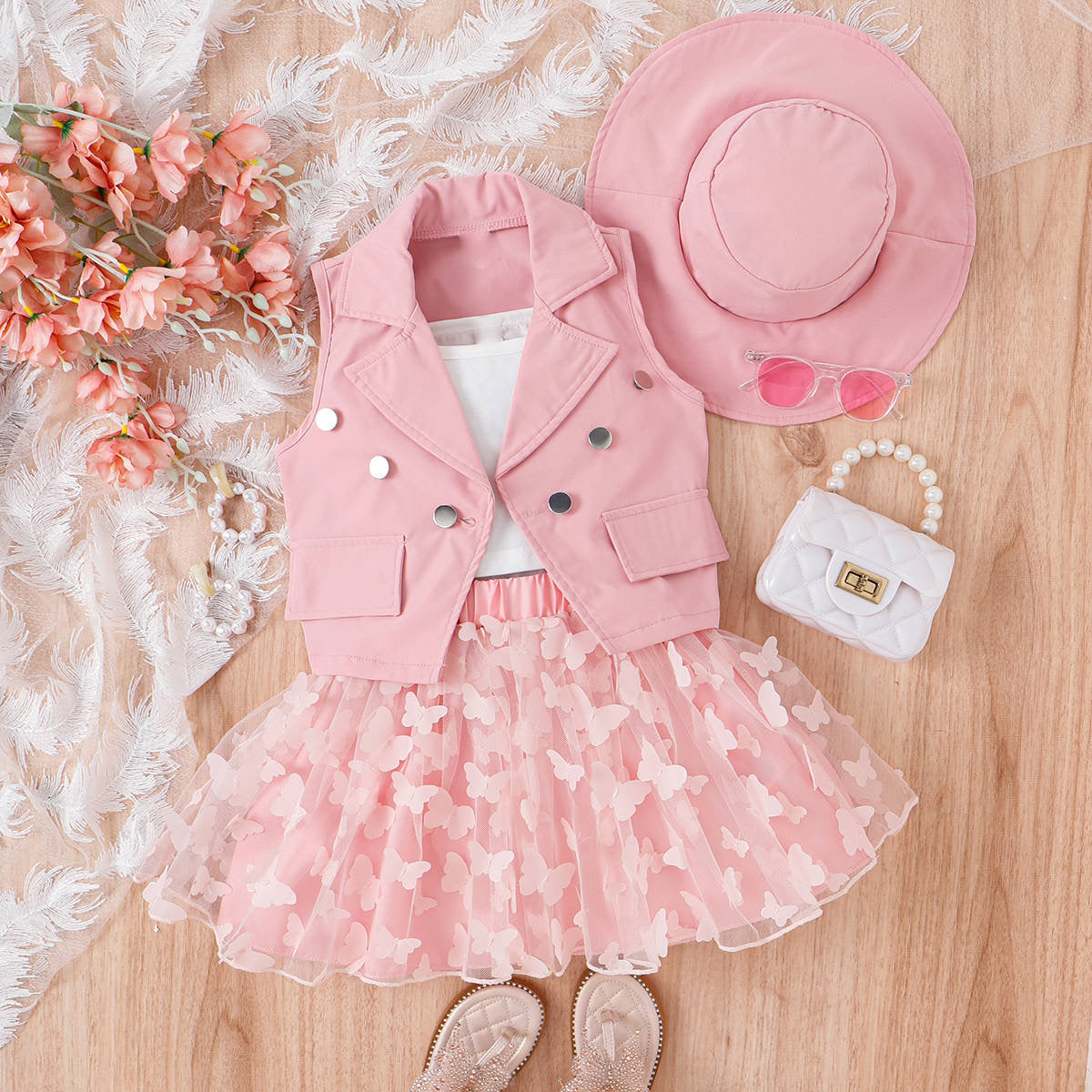 Conjunto de vestido y chaleco de mariposa 